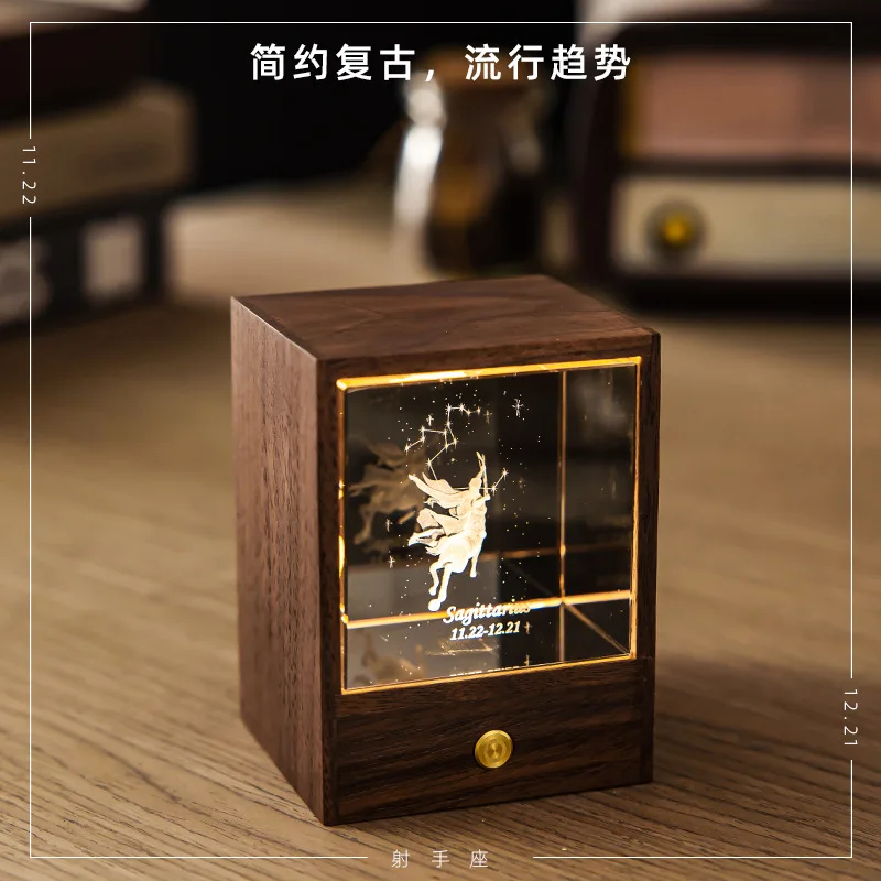 Creative Gift Wooden Box Luminous Crystal Ball Elk Constellation Night Light Ornament Romantic Valentine's Day Birthday Gift