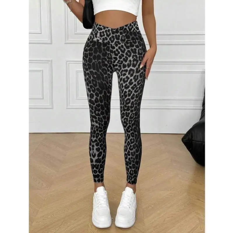 

High Waist Leopard Print Tight Pants Women's Faion Casual Trousers Korean Sle Straight Leg Pants Daily Wear