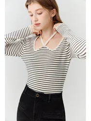 FSLE French Style Elegant Striped Thin Sweater for Women 2023 New Autumn Vintage Curved Neckline Strap Short Top Female