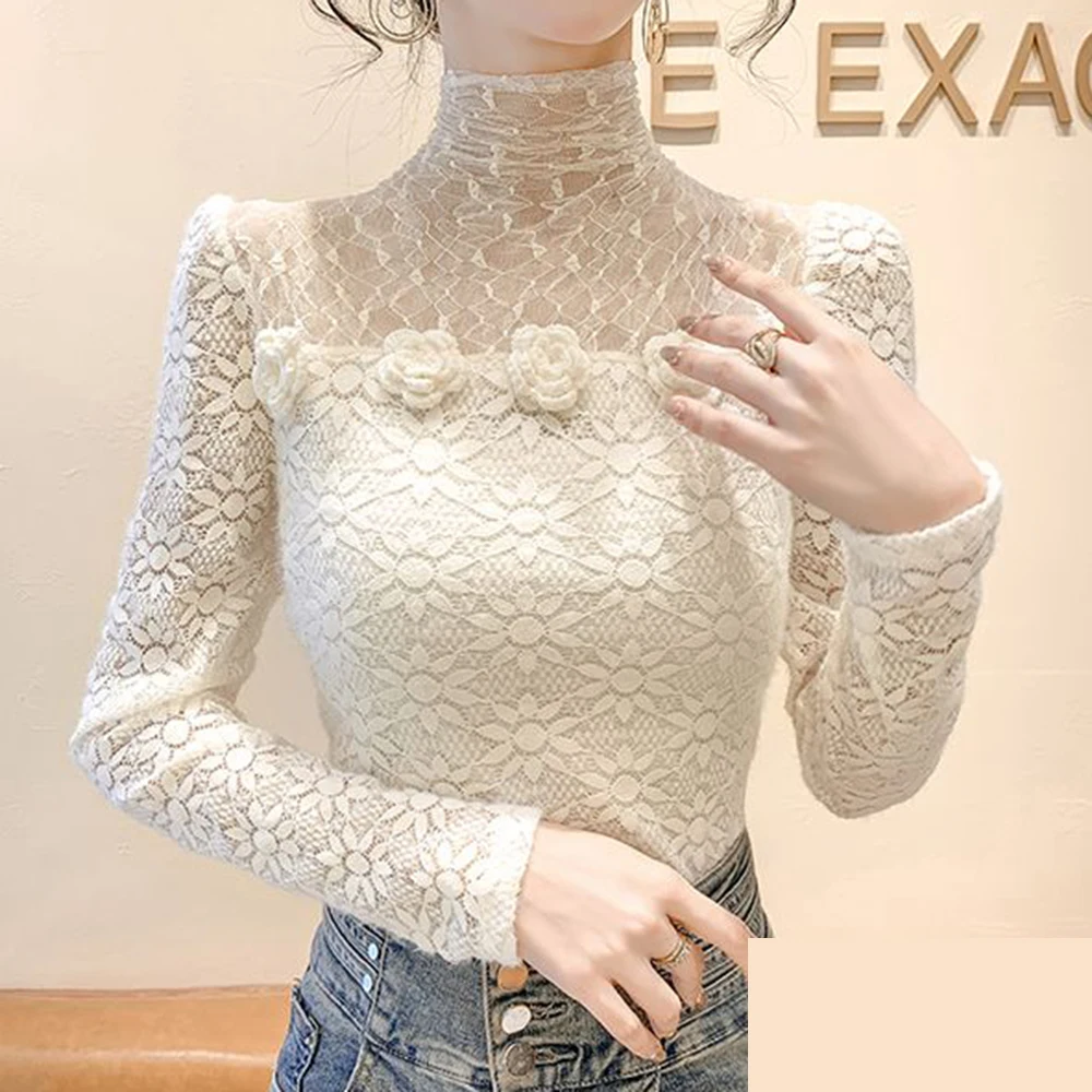 High-necked lace  shirt winter slim-fit long-sleeved pullover women's winter lace shirt solid-color wool knitted sweater