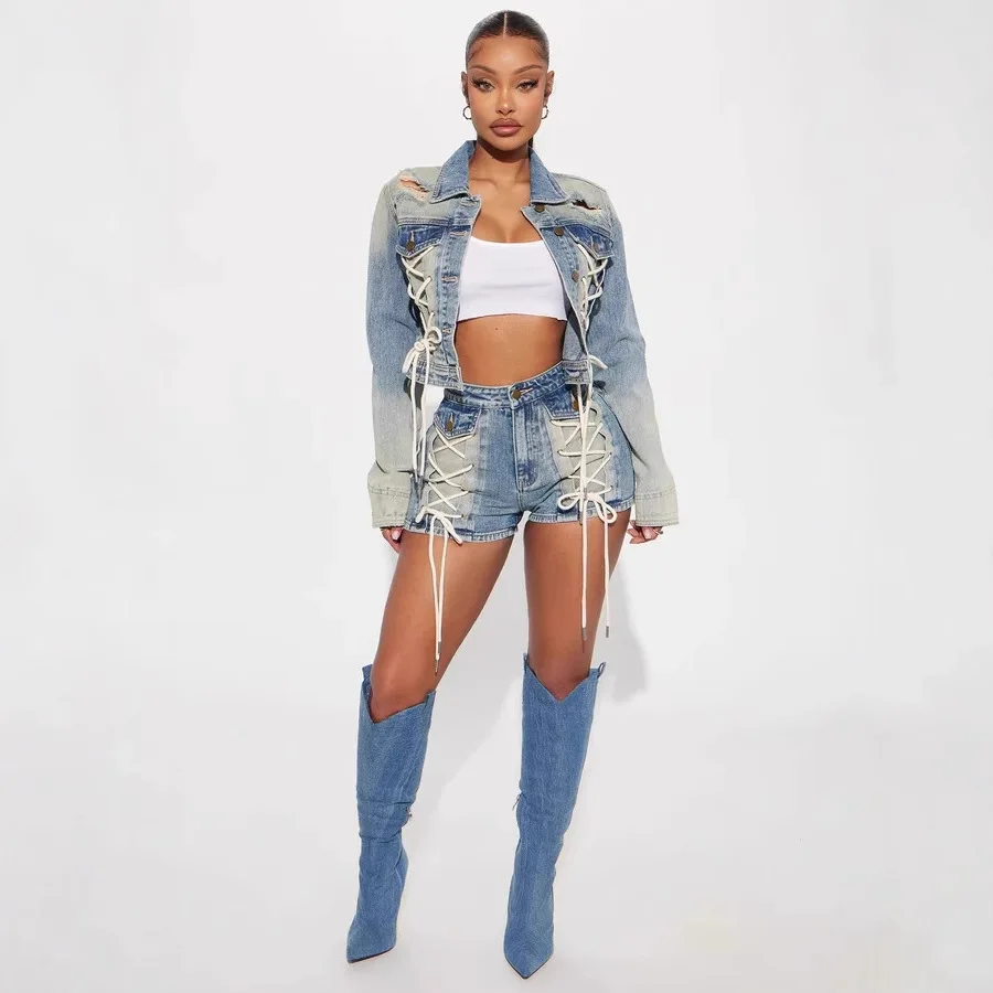 

New Fashionable Drawstring Lace-up Top Short Jackets and High-waisted Shorts European American, Casual Denim Two-piece Set Women