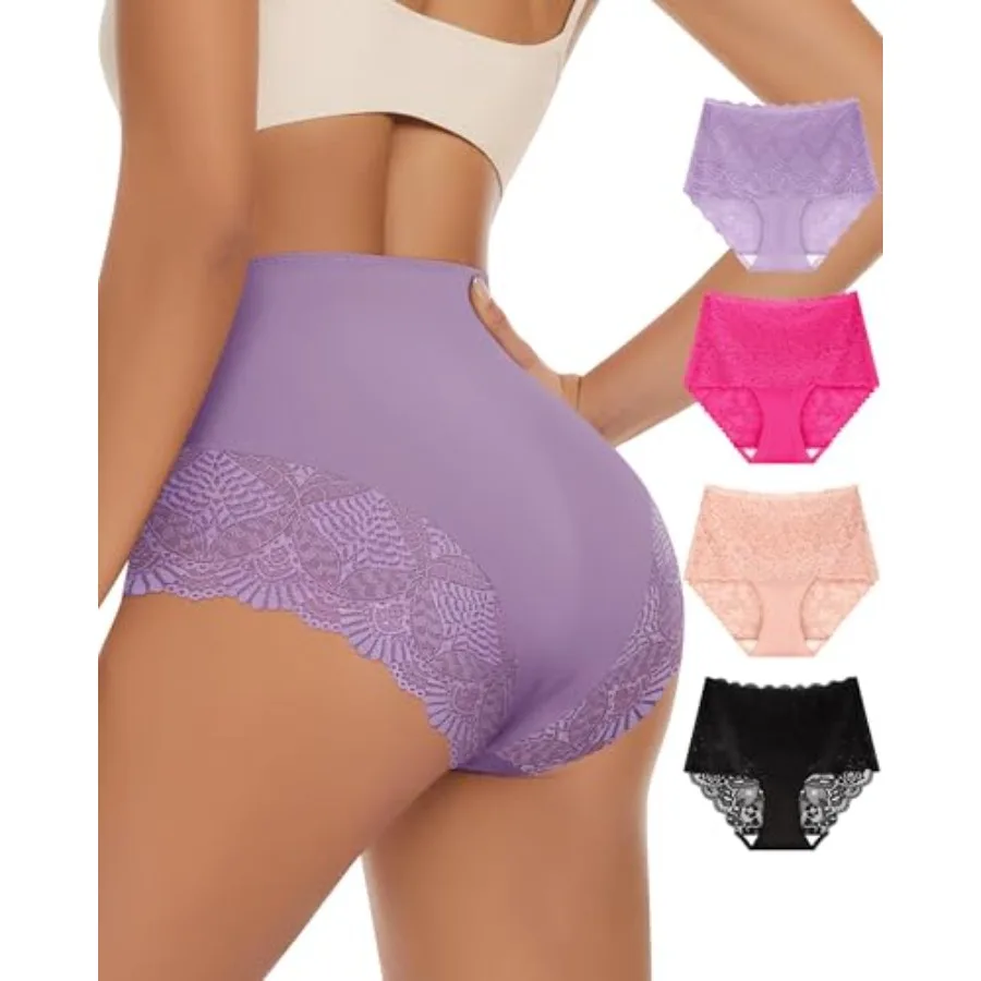 

Women's High Waisted Underwear Ladies Lace Sexy Panties Breathable Soft Stretch 4 Pack Full Coverage