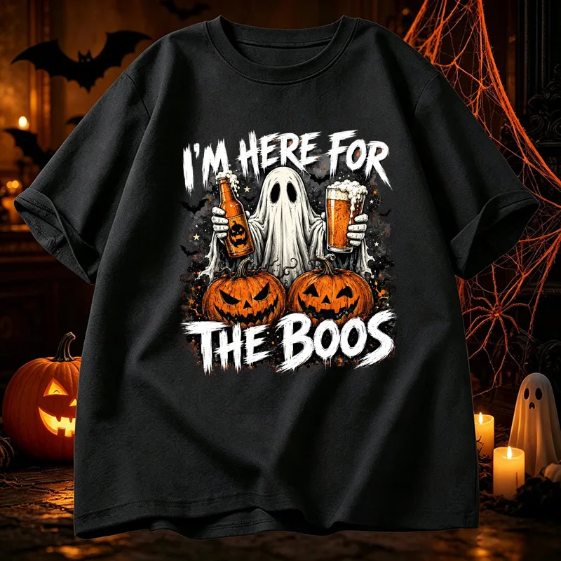 I M Here For The Boos Ghost Hold Beer Pumpkin Halloween T Shirt Men Short Sleeve Graphic Tees Funny Party Streetwear Summer Tops