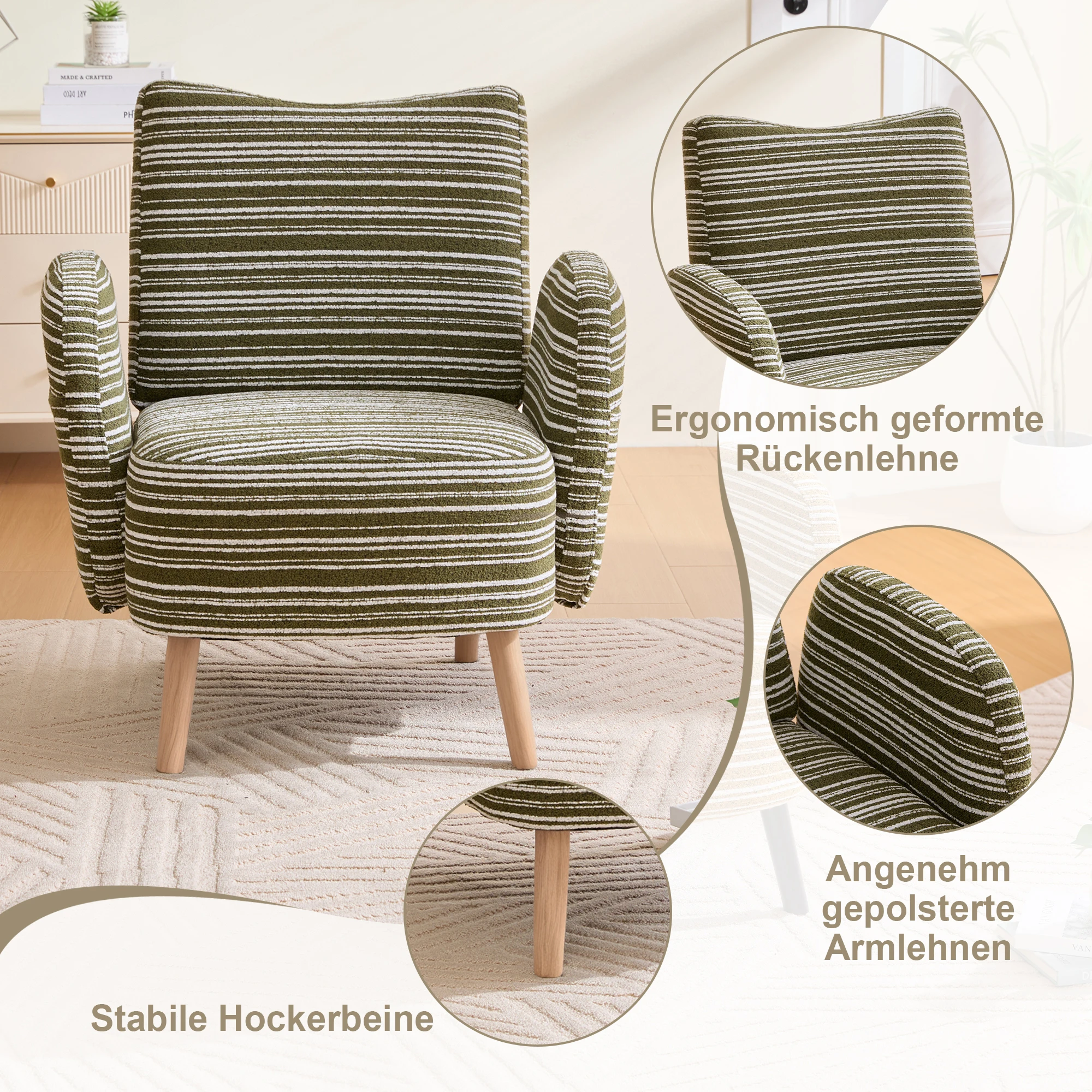 PINGGO Moderner Stoffsessel mit Seitentasche & Massivholzbeinen, Komfortabler Lesesessel für Wohnzimmer Schlafzimmer Büro – Detail 4