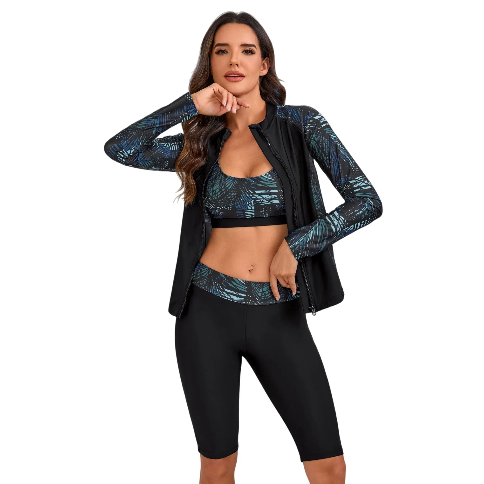 

3-piece Long Sleeve Rash Guard Swimsuit Set Women Trendy Swimwear With Shorts Surfing Sports Pool Beachwear