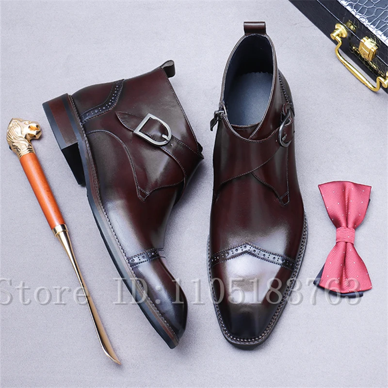 British Style Light Luxury Formal Fashion Boots Men New Fashion Cowhide Side Zipper Buckle Decor Chelase Business Formal Boots