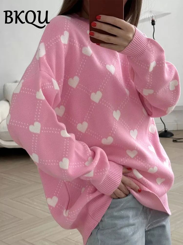 BKQU 2024 jesienny sweter z okrągłym dekoltem damski dzianina Sweet Heart z długim rękawem luźne swetry z dzianiny Streetwear