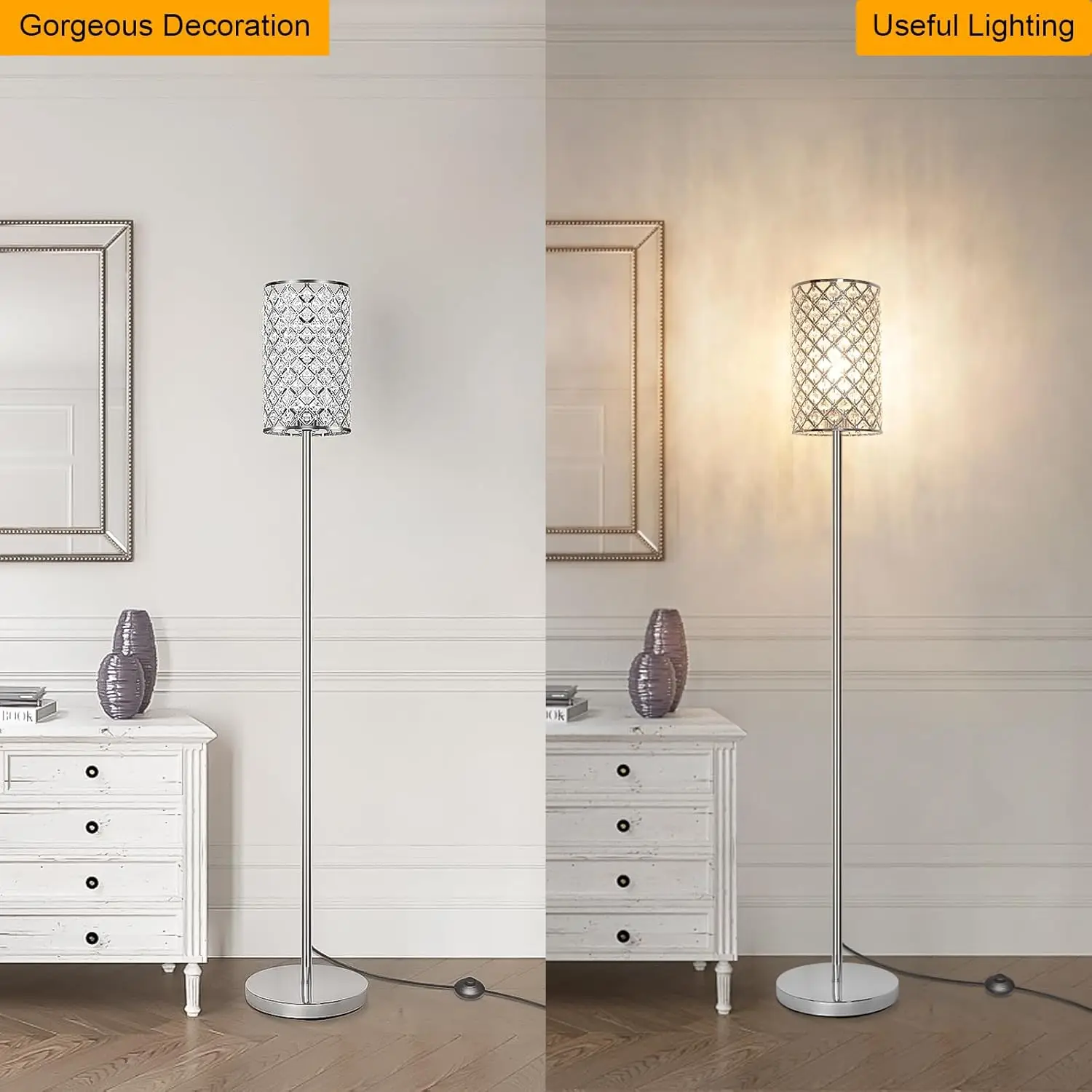 Candeeiro de pé moderno de cristal com LED, abajur elegante e interruptor de pé para sala de estar, quarto, escritório