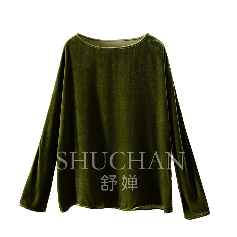 Natural Silk Velvet Foreign Collar Long-sleeved Shirt Women Slash Neck Ladies Tops  Blouse Women