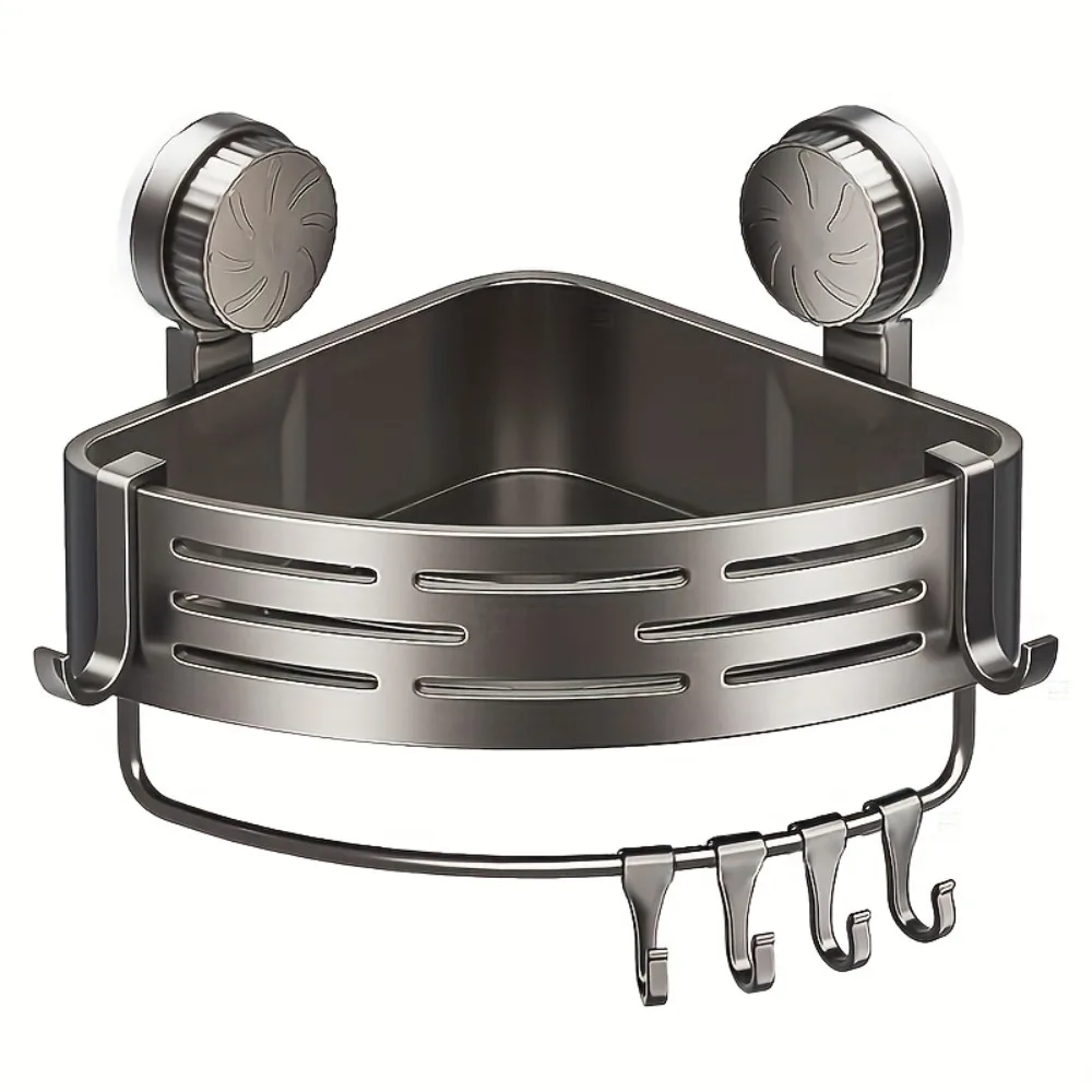 رف حمام موفر للمساحة بدون حفر، رف مثلث مع خطافات يستخدم لمنظم تخزين مرحاض الاستحمام