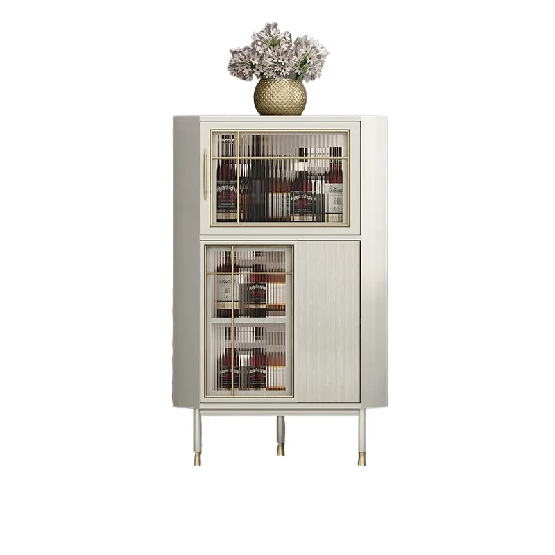

Nordic light luxury corner triangular glass wine cabinet, modern simple living room solid wood storage corner cabinet