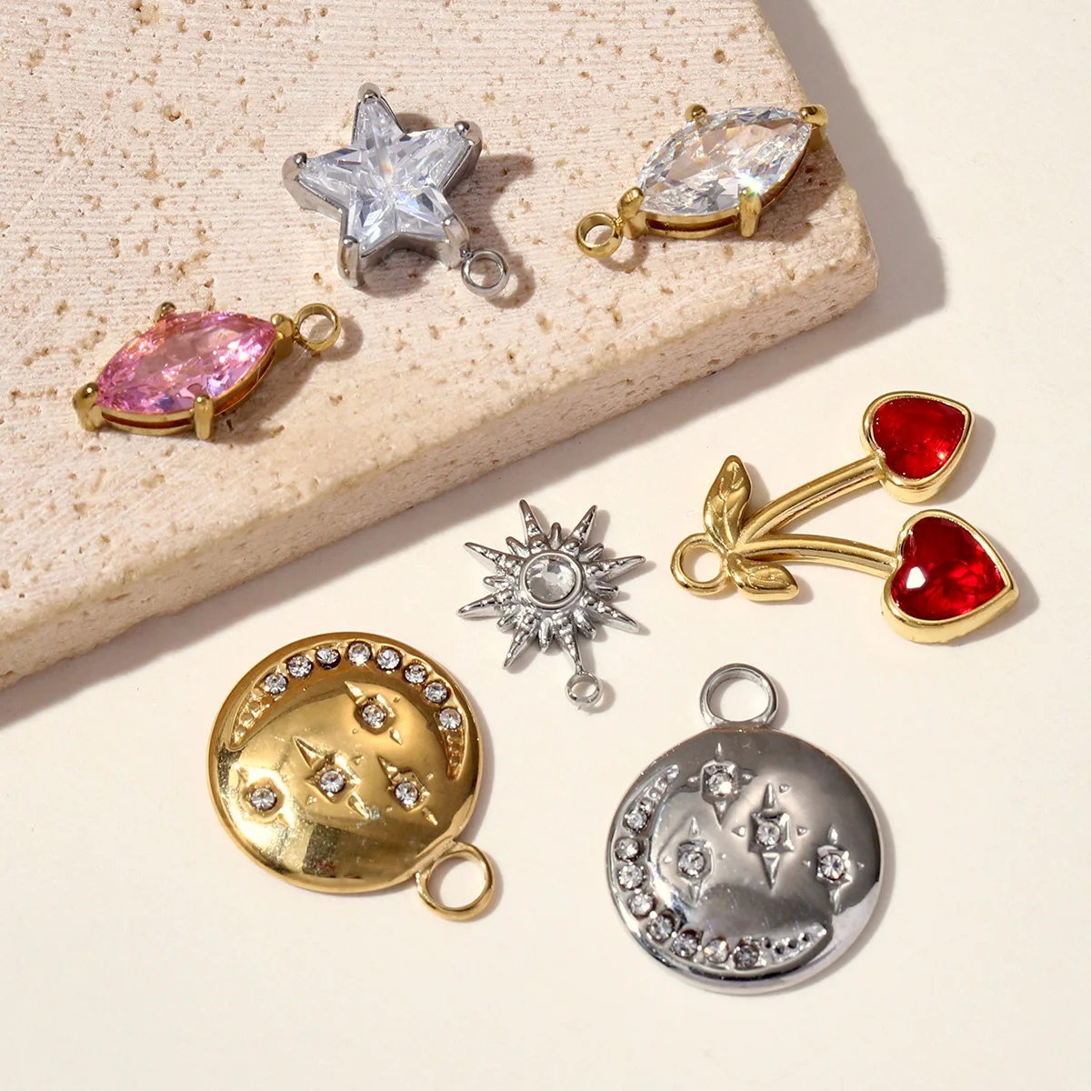 3 Stück/Set Modische Marquise Zirkon Edelstahl DIY Anhänger für Damen Stern Schmuck Roboter Herz Kirsche Halskette Armband Herstellung