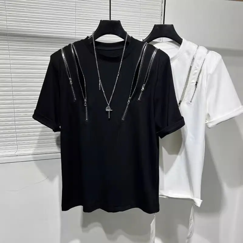 Summer Irregular Zipper Short Sleeve O Neck Men T Shirts Fashion Personality Popular 2xl Oversized Work Clothes Tops Black White