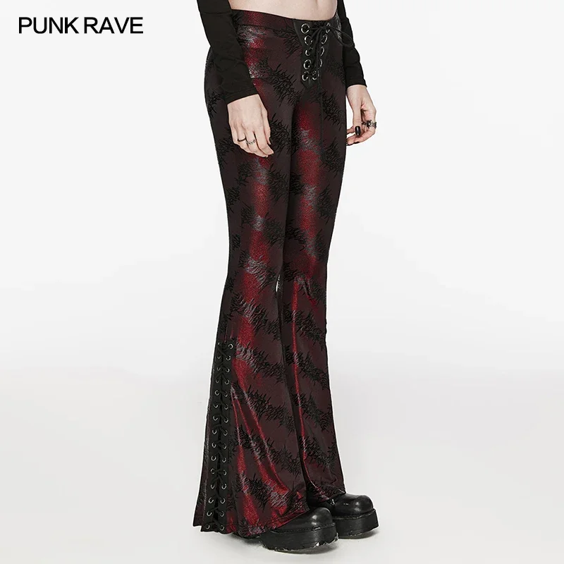 PUNK RAVE Women's Punk Low Waist Tight Flared Pants Daily Sexy Tree Texture  Women Trousers Two Colors Available