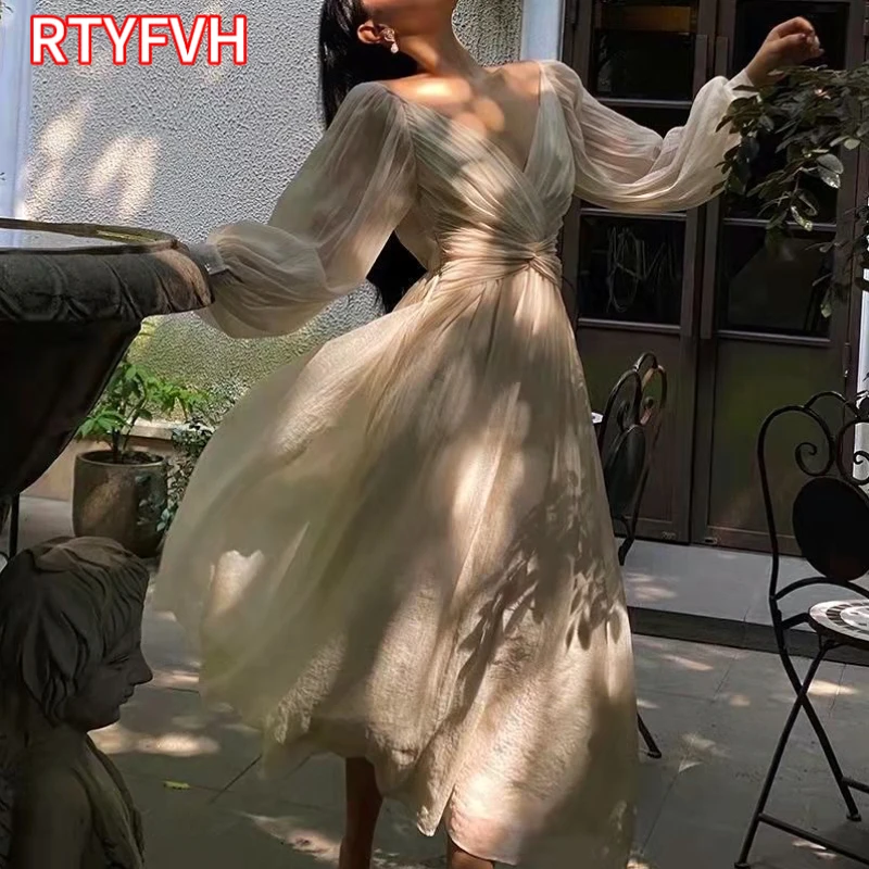 

Vintage Korean V-neck Pleated Maxi Dresses for Women Ladies Party Fringed Lace Puff Sleeve Ruffled Lady Dreses Elegant Summer