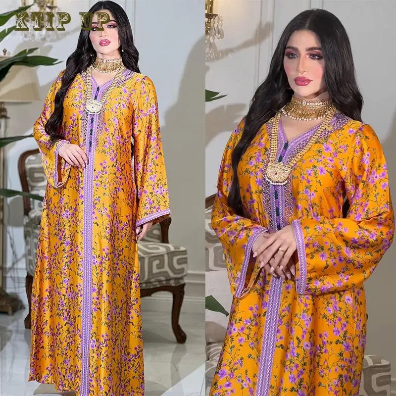 Long Printed Dress for Muslim Women Eid Middle East Dubai Islam Galabia Moroccan Caftan Woman Robe Party Dresses Abaya Kaftan