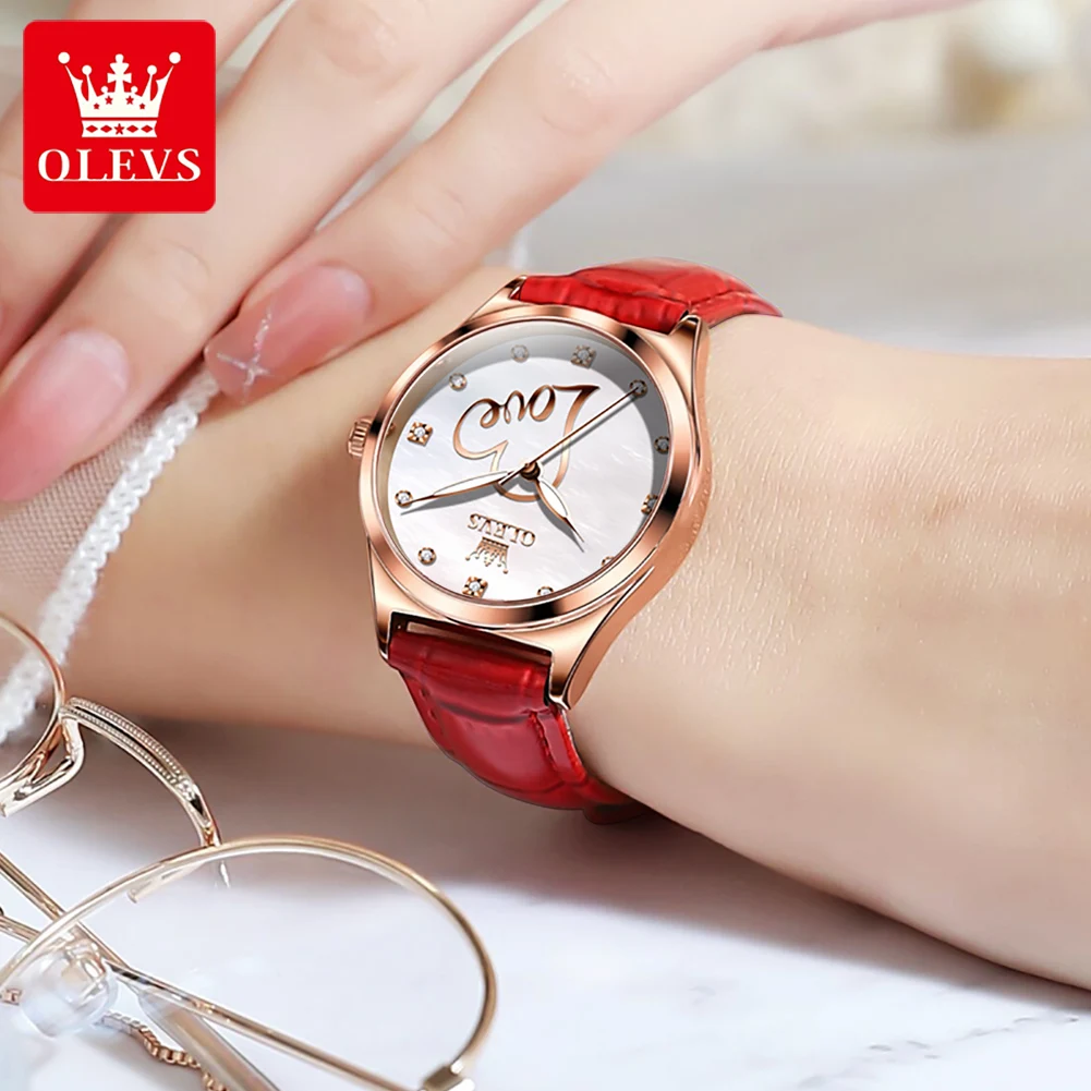 OLEVS-Montre à Quartz en Cuir Rouge pour Femme, Montre-Bracelet Simple, Étanche, à la Mode, 5580