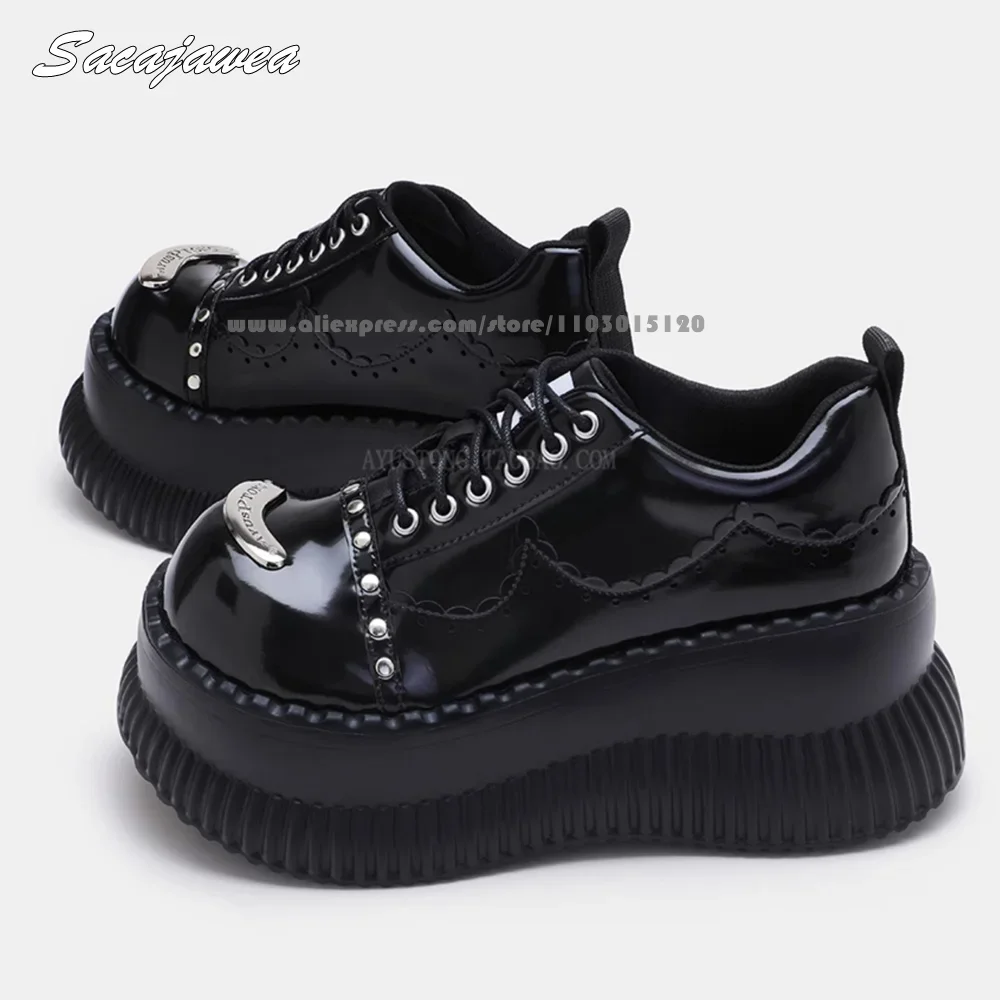 

Cow Split Leather Punk Style Metal Rivet Motorcycle Boots Round Toe Platform Casual Hot Girl Boots Non-Slip Thick Sole Shoes