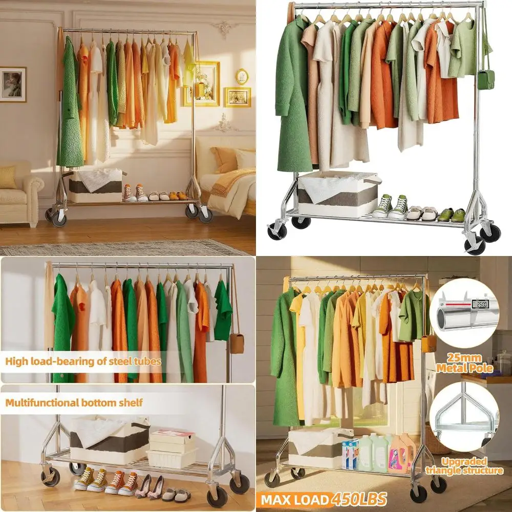 

Sturdy Portable Clothes Rack with Wheels and Shelves, Holds 450 lbs, Ideal for Bedroom or Commercial Spaces, Chrome Finish