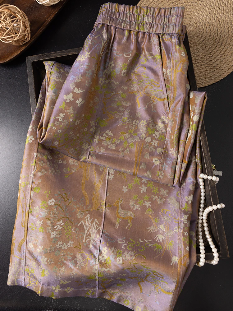 2025 Women's Autumn New Deer Print Versatile Style Elastic Waist 100% Natural Mulberry Silk Shu Brocade Casual Straight Pants