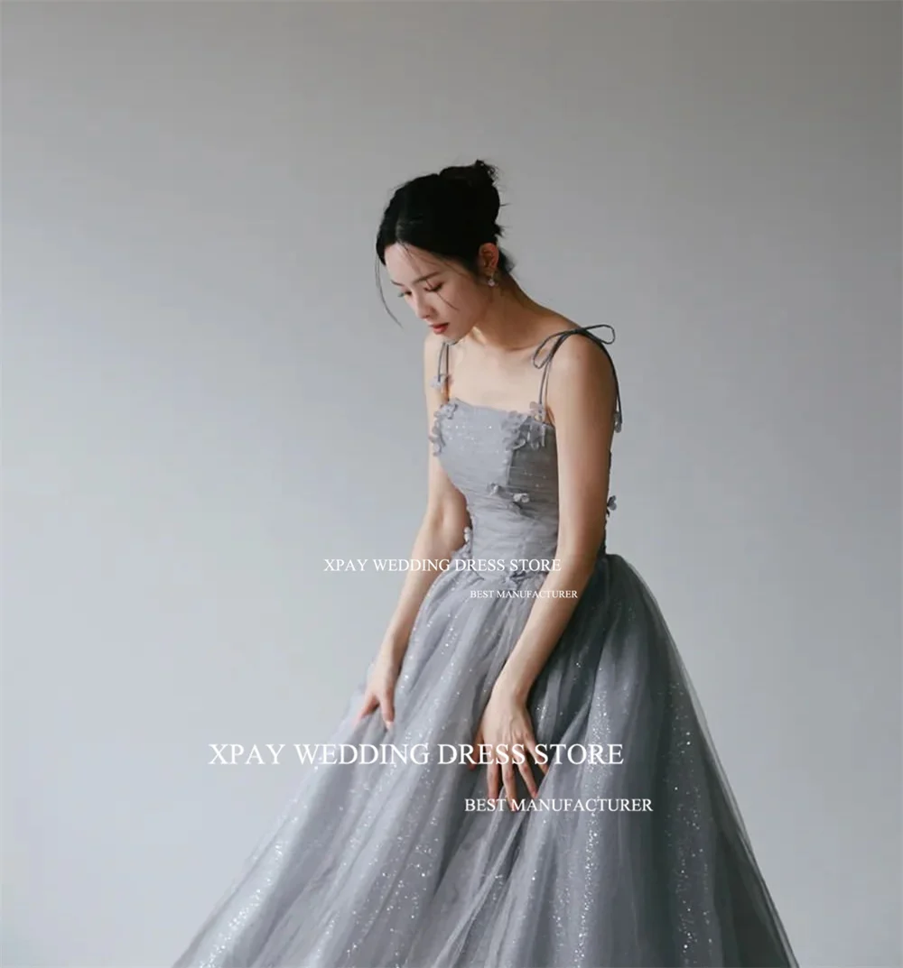 XPAY Glitter Spaghetti Straps Grey  Evening Party Dresses Shiny Tulle 3D Flowers Customised Wedding Photo Shoot  Back Bride Gown