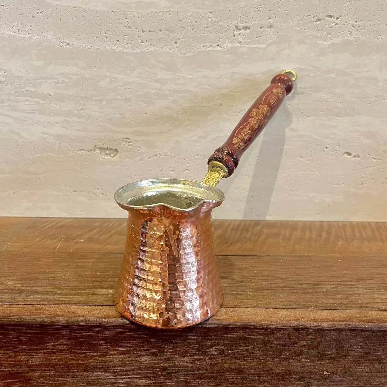 coffee pot carved wooden handle hand punching retro fine hammer point copper 0.5mm thick defect treatment pick up leak