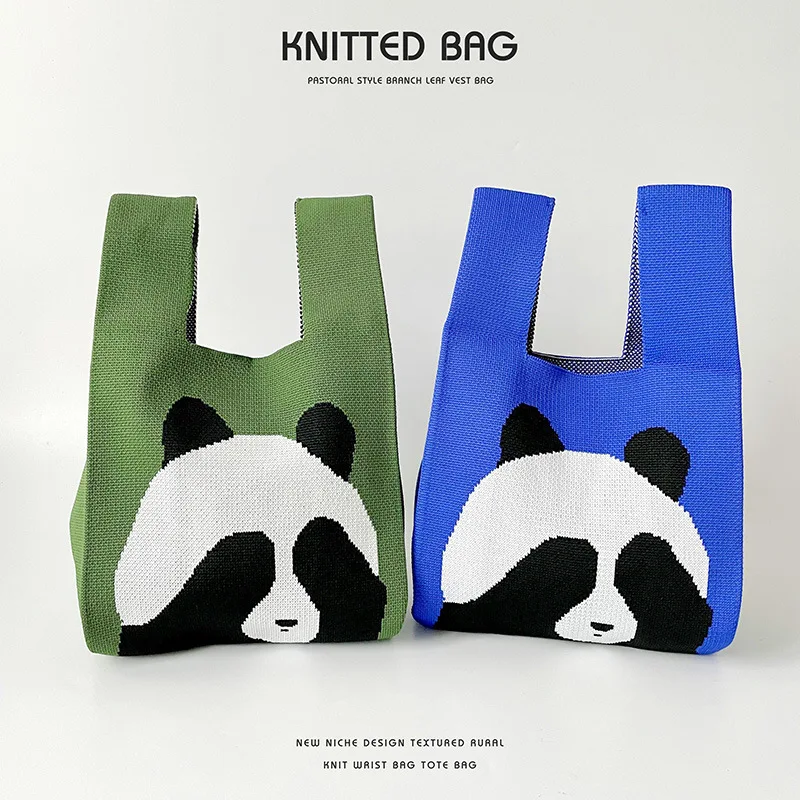 Panda Handbag, Knitted Wool Bucket Bag