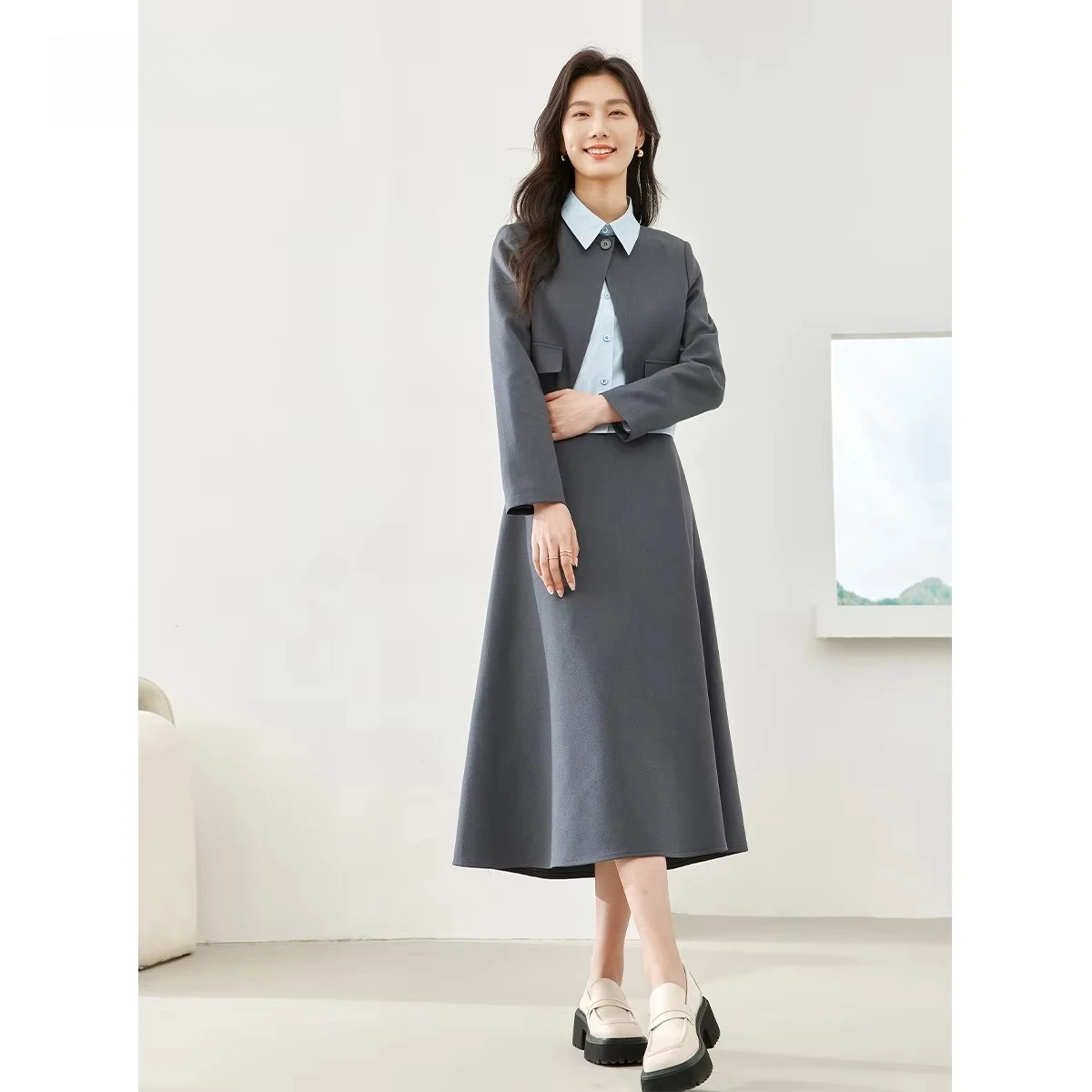 VIMLY Women's Three-piece Set 2026 Commuter Office Lady Blazer Blue Long Sleeve Shirt Elegant Long Skirt Matching Outfit M5789