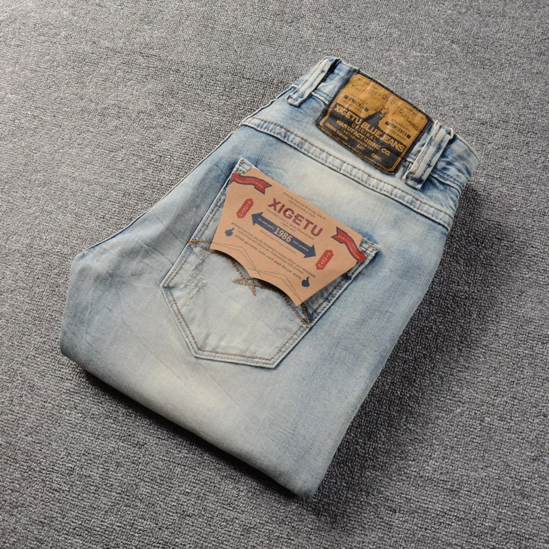 Streetwear Fashion Summer Men Short Jeans Retro Light Blue Printed Designer Ripped Short Jeans Men Hip Hop Denim Shorts Hombre