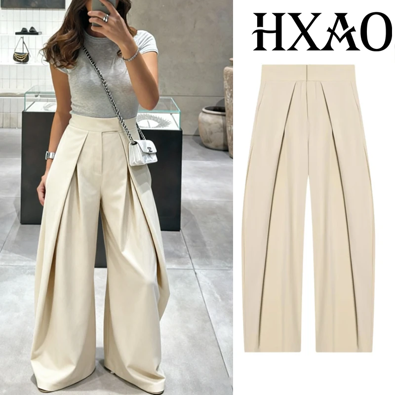 HXAO Baggy Wide Pants For Woman Office Work Pleats Beige Suit Trousers Spring Casual High Waist Black Striped Wide Leg Pants
