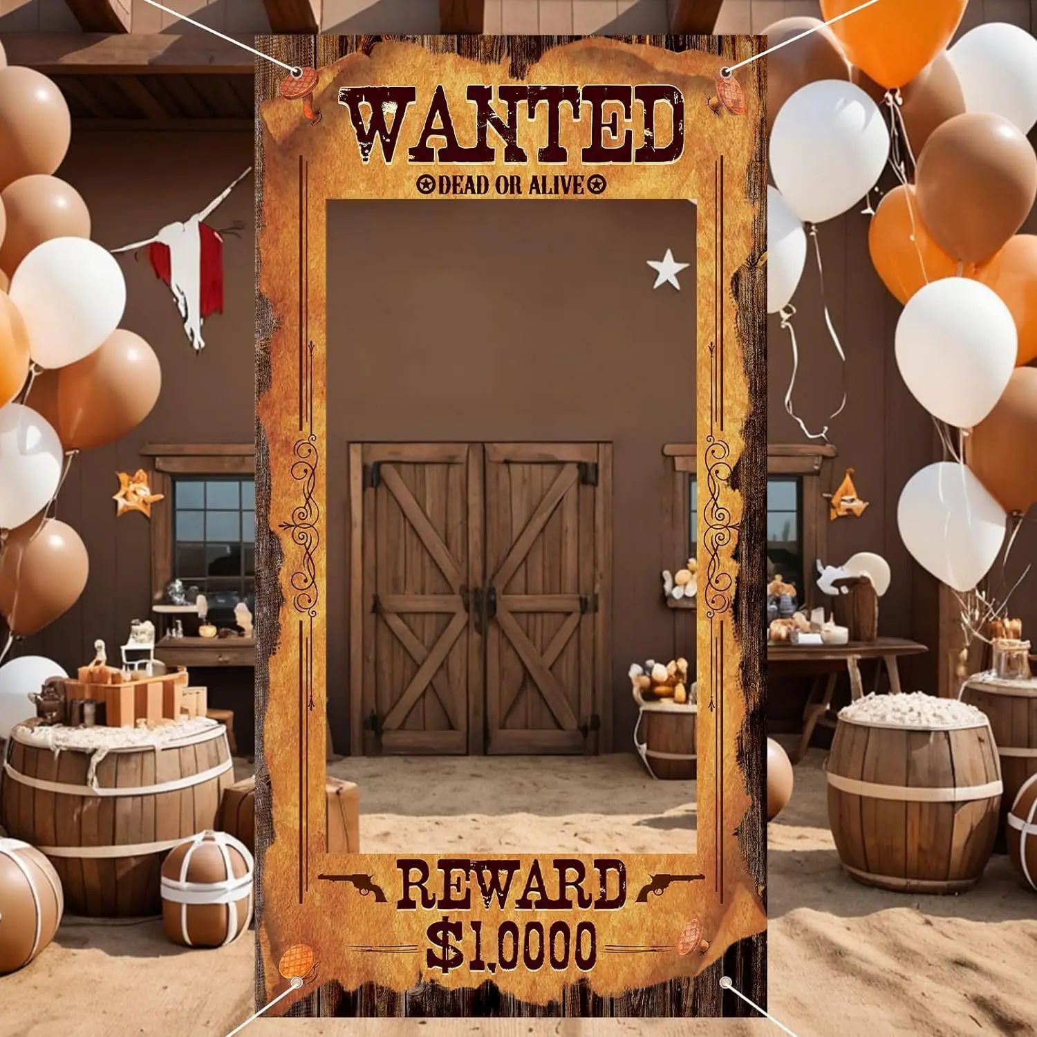 Cowboy Party Decoration Western Wanted Photo Booth Props Retro Wild West Birthday Photo BackdropBanner