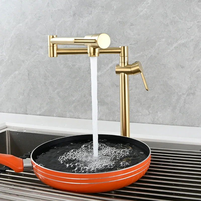 Brushed Gold Rotating Kitchen Faucet Solid Brass Crane For Kitchen Deck Mounted Sink Mixer Foldable Nickel /Gold/Chrome/Black