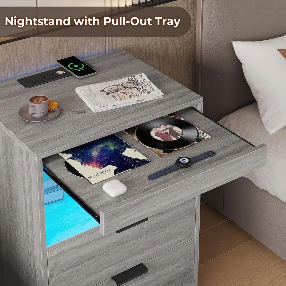 Mesa de cabeceira LED de carregamento sem fio - Mesa de cabeceira cinza com 2 gavetas e armazenamento aberto para decoração moderna de casa