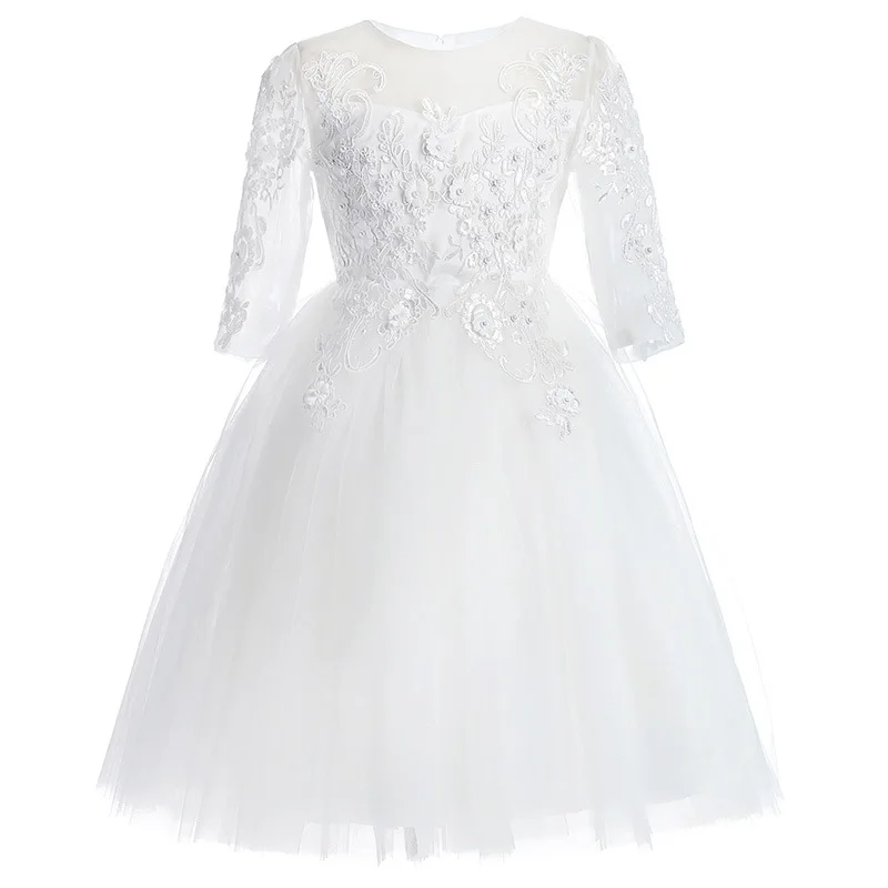 Robe en maille à manches cinq-quarts pour filles, jupe courte, fleur blanche, garçon, littérature élégante, princesse, 2006, maille