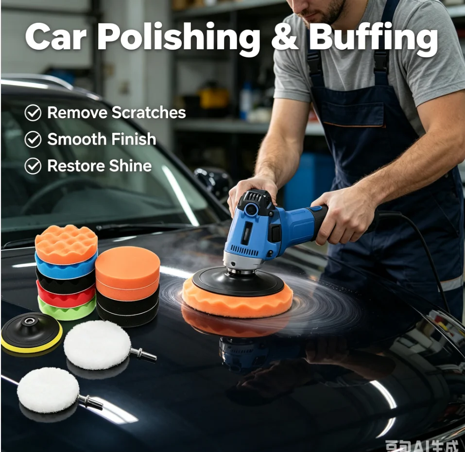 12PCS 3inch Buffing Sponge Pad Set Car Polishing Disc Auto Buffing Waxing Sponge Car Polisher Drill Adapter Cleaning Tool