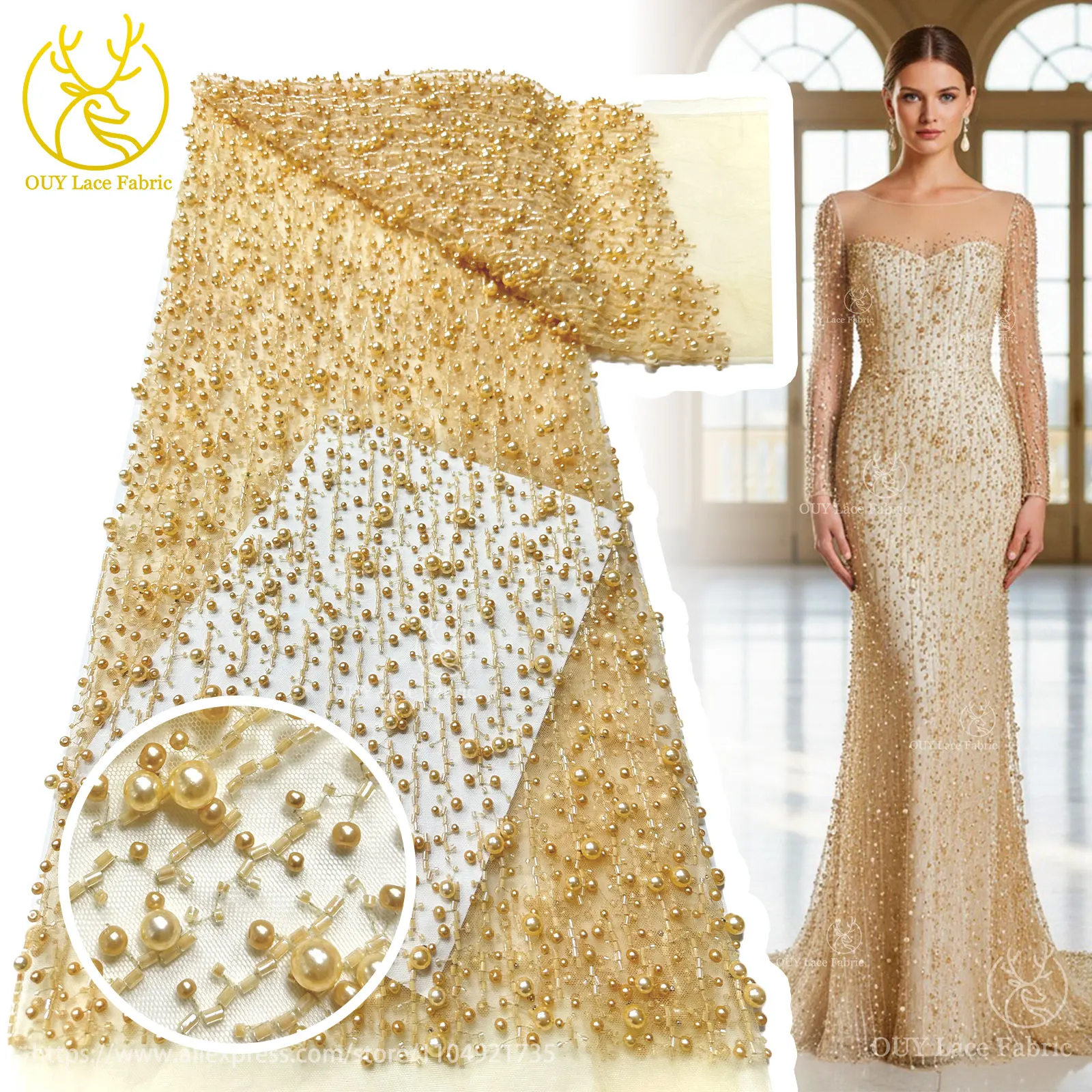 

Роскошная африканская французская кружевная ткань ручной работы с бисером, 2025, нигерийская сетчатая кружевная ткань с украшением из бисера для вечернего шитья