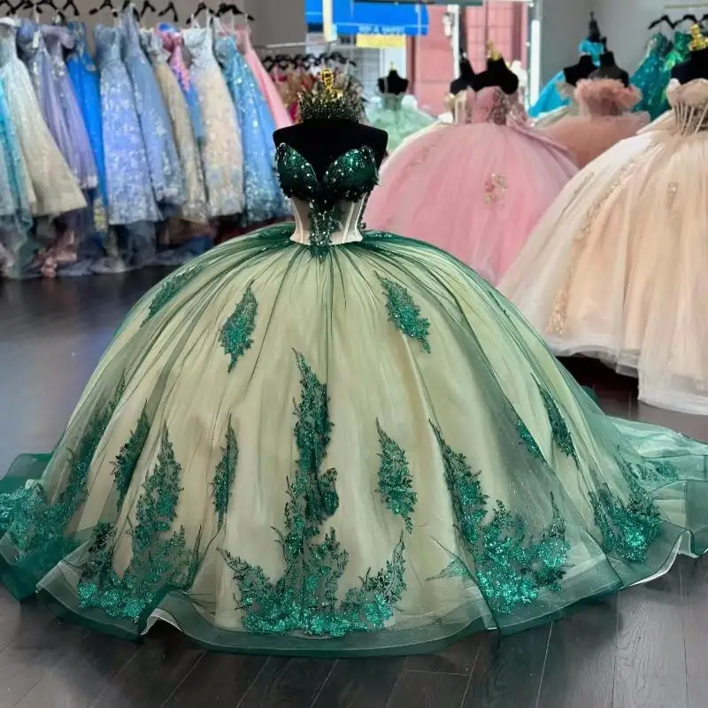 

Luxury Green Quinceanera Dresses Sequin Applique Lace Crystals Beading Tull Vestidos De 15 Anos Birthday Party Gown Corset Sweet