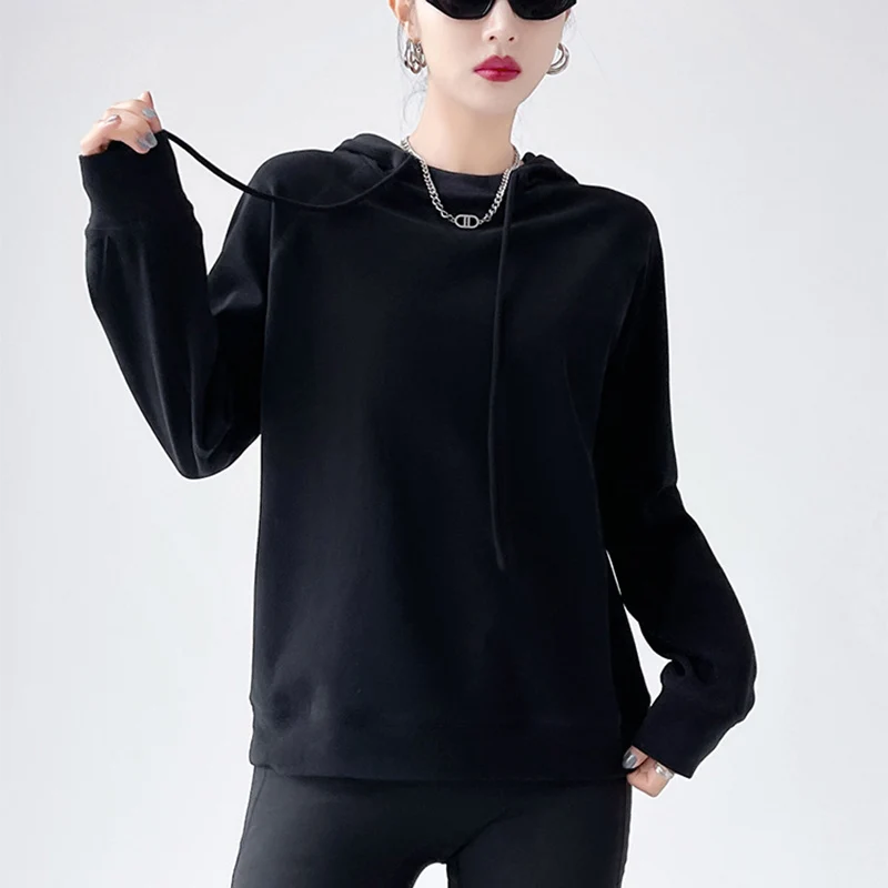 

New American Street Drawstring Hooded Sweatshirt Women Autumn Fashion Loose All Match Pullover Solid Color Sporty Hoodies Woman