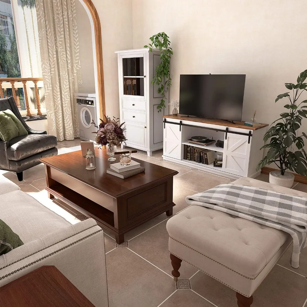 

TV Stand for 65 Inch TV, Entertainment Center with Storage Cabinets and Sliding Barn Doors, Mid Century Modern Media