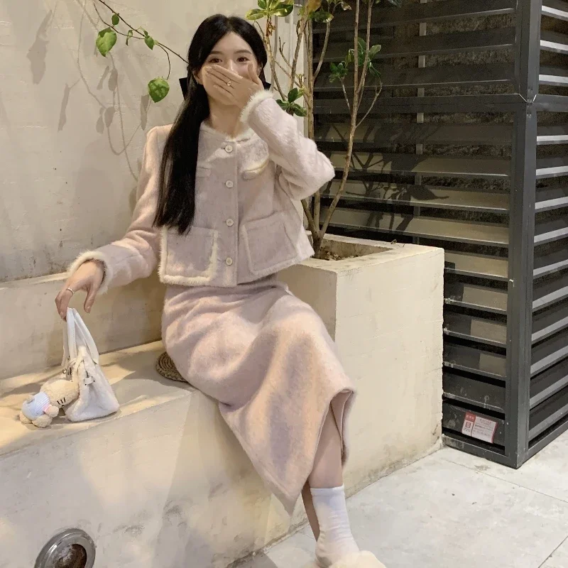 

Insozkdg Autumn Winter Pink Chic Style Skirt Suits High-End Plush Short Jacket + Long Skirt Two-Piece Set Women's High Quality