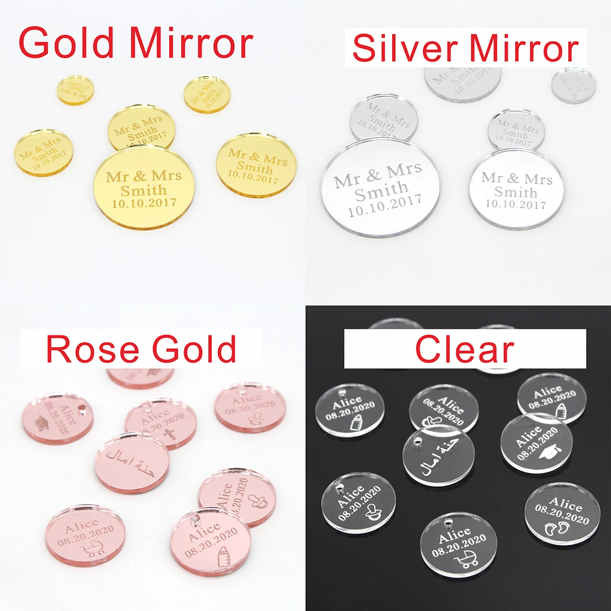 25/50/60/70/100Pcs Personalized Tag Baptism Baby Show Grail Engraved Mirror Acrylic Round Circle Cross Name Decor Custom Gift