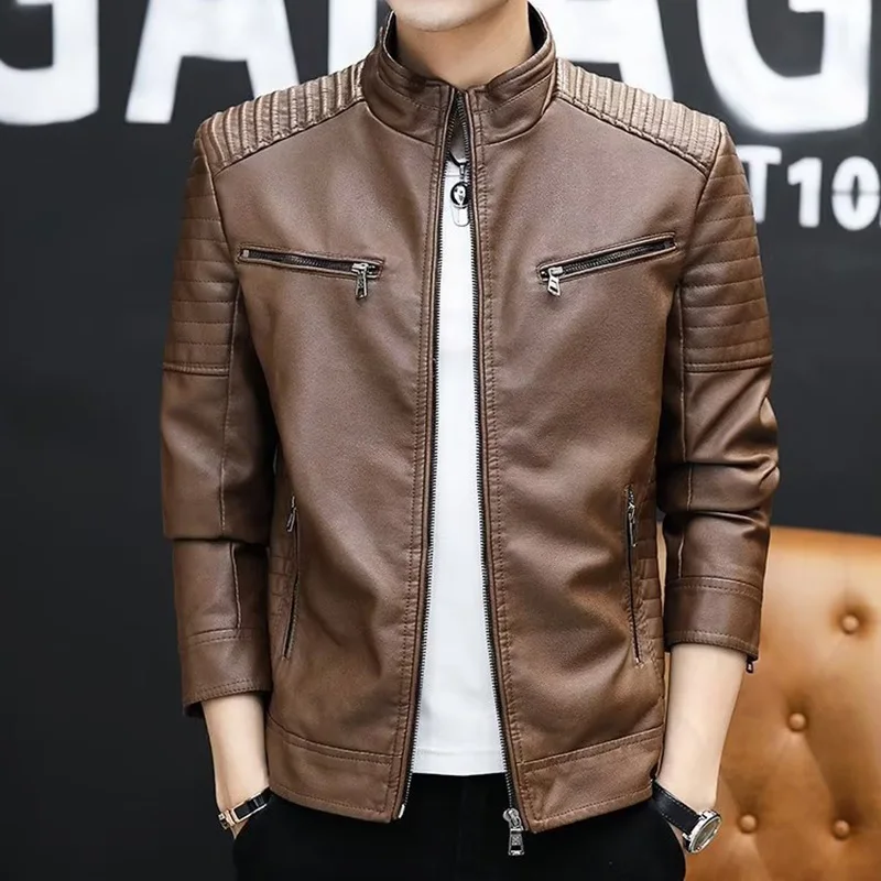 2026 Men's Leather Jacket with Thin Velvet Business Leisure Motorcycle Warm Top Autumn/Winter Black Brown PU Material