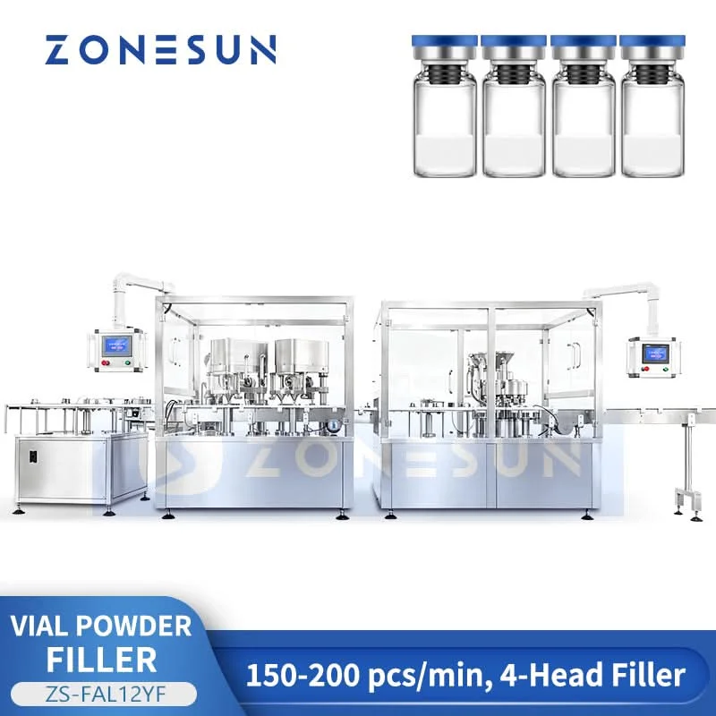 ZONESUN ZS-FAL12YF Auto 4-Head Vial Powder Filling Machine Rotary Capper Pharmaceutical Small Dose Powder Dosing Packaging Line