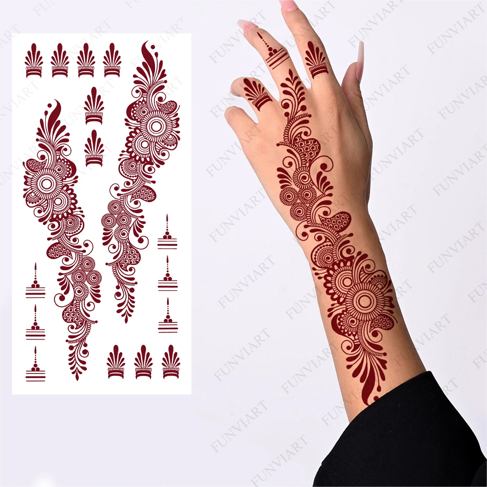 

Waterproof Large Size Maroon Henna Tattoo Sticker for Women Flower Mehndi Fake Tattoo for Hand Arm Body Decor