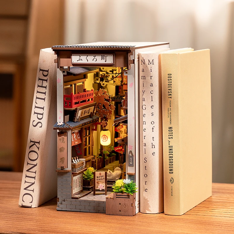 Robotime Book Nook Kits Sakura Wine Alley with Dust Cover DIY Miniature Dolls House Kit 3D Wooden Puzzle Bookend Bookshelf Gift