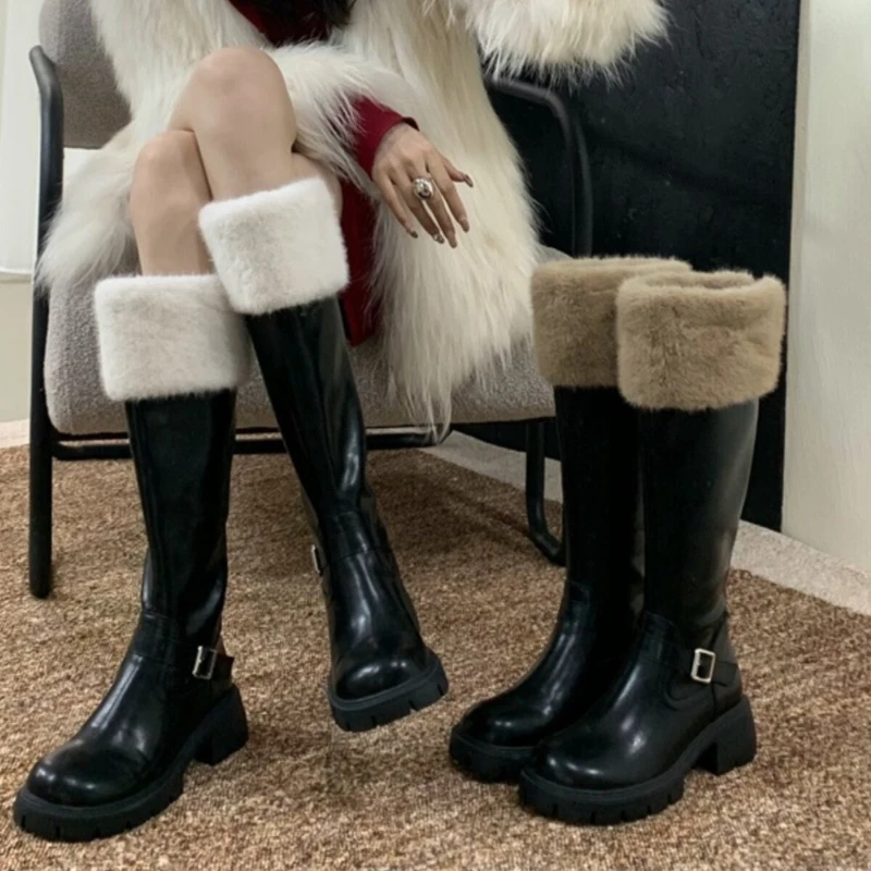 Botas altas hasta la rodilla para mujer, con detalles de piel sintética y hebilla, suela gruesa y resistente, forro de lana cálido, estilo de botas de caballero, ideales para el uso diario y para el invierno.