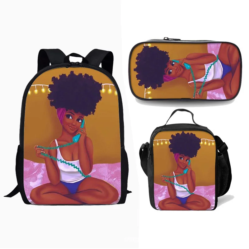 

Harajuku Youthful black girl African girl 3D Print 3pcs/Set Student Travel bags Laptop Daypack Backpack Lunch Bag Pencil Case