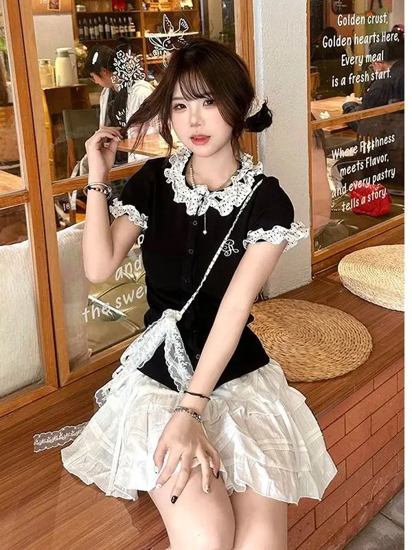 

Polka Dot Splice Black Wood Ear Short Sleeve Women Summer Cake Skirt College Short T Shirt Sweet Two Piece Set Fashionable En...