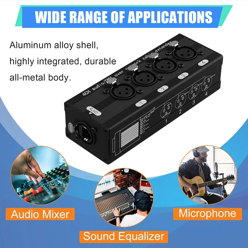 

A04R 1 Pair 4 Channel XLR/DMX Audio RJ45 Ethernet Extender XLR Extender Transceiver for Live Stage, Audio Recording Studio