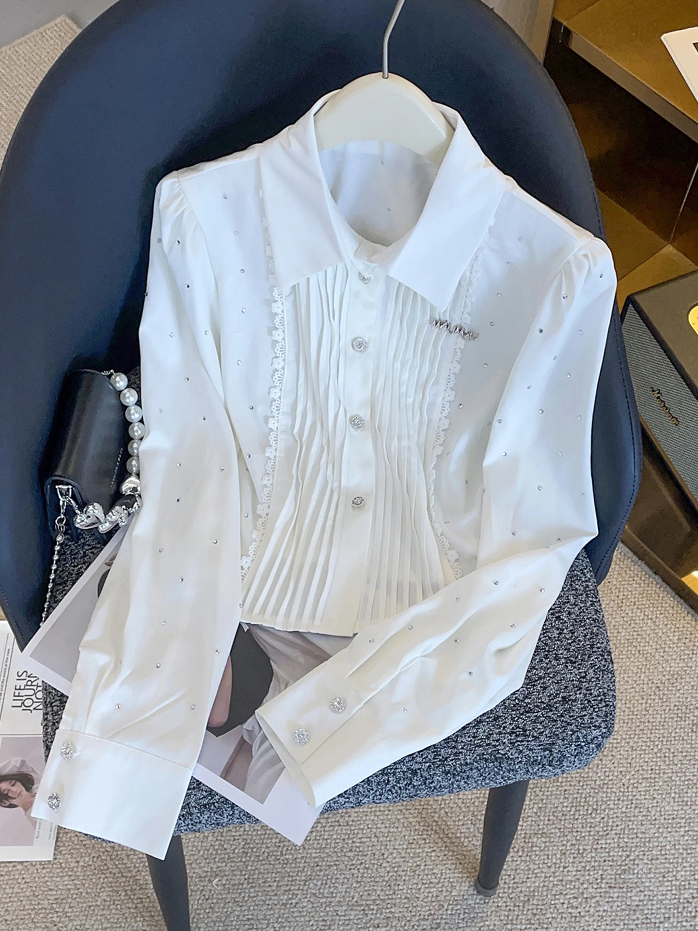 

Luxury Women's Lace irt Diamond-Embroidered Pleated Commute Sle ort Length Long Sve Casual Wear Fem Faion